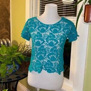 Teal Blue Short Sleeve Crochet Top